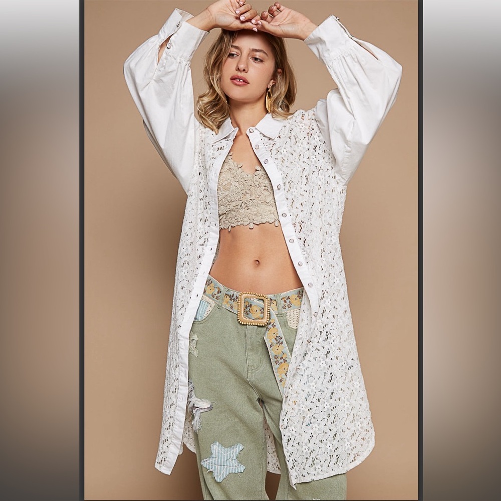 POL White Lace Long Button-Up Shirt
